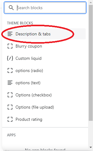 chosing description and tabs from the theme editor