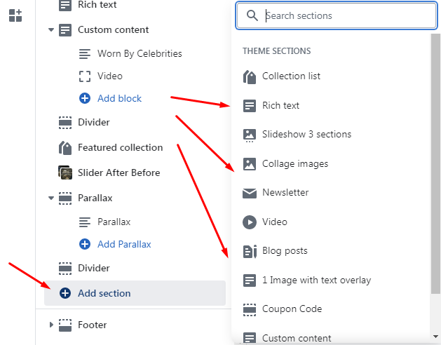 add sections to a shopify theme
