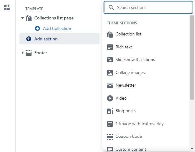 add section to collection list theme editor