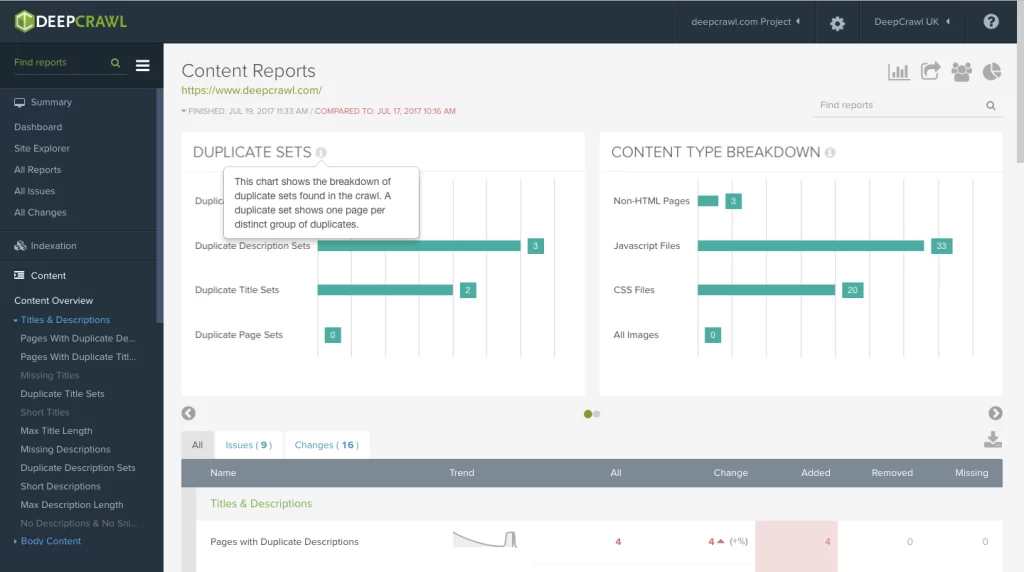 DeepCrawl as a large-scale site crawling tool 
